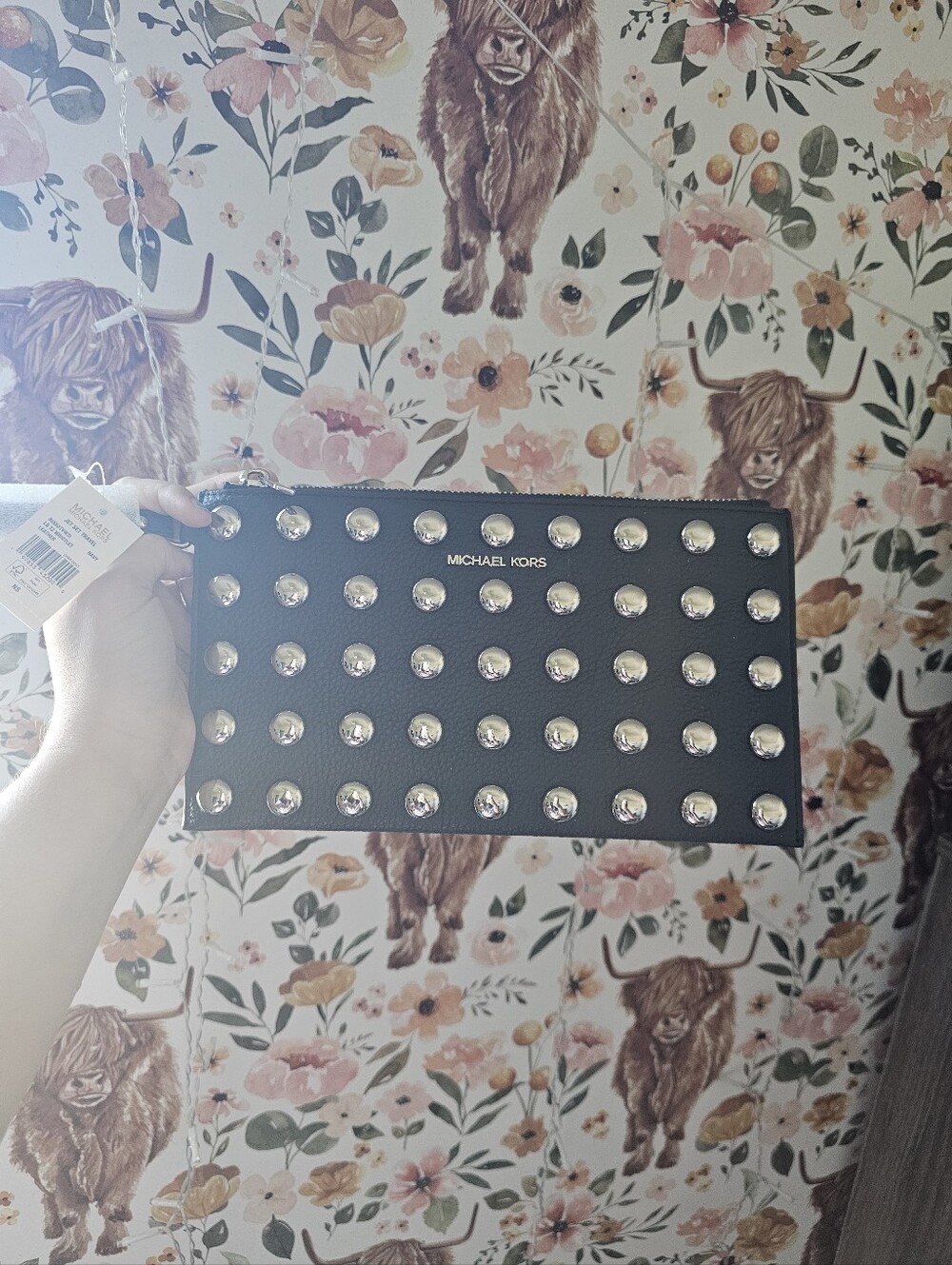 Michael Kors Black Studded Leather Wristlet Clutch